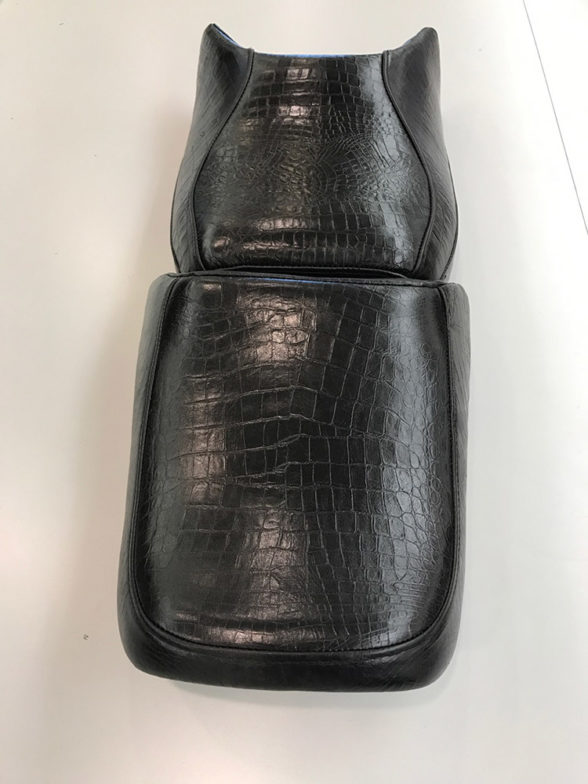 Motorcycle seat reupholstery in alligator stamped leather!